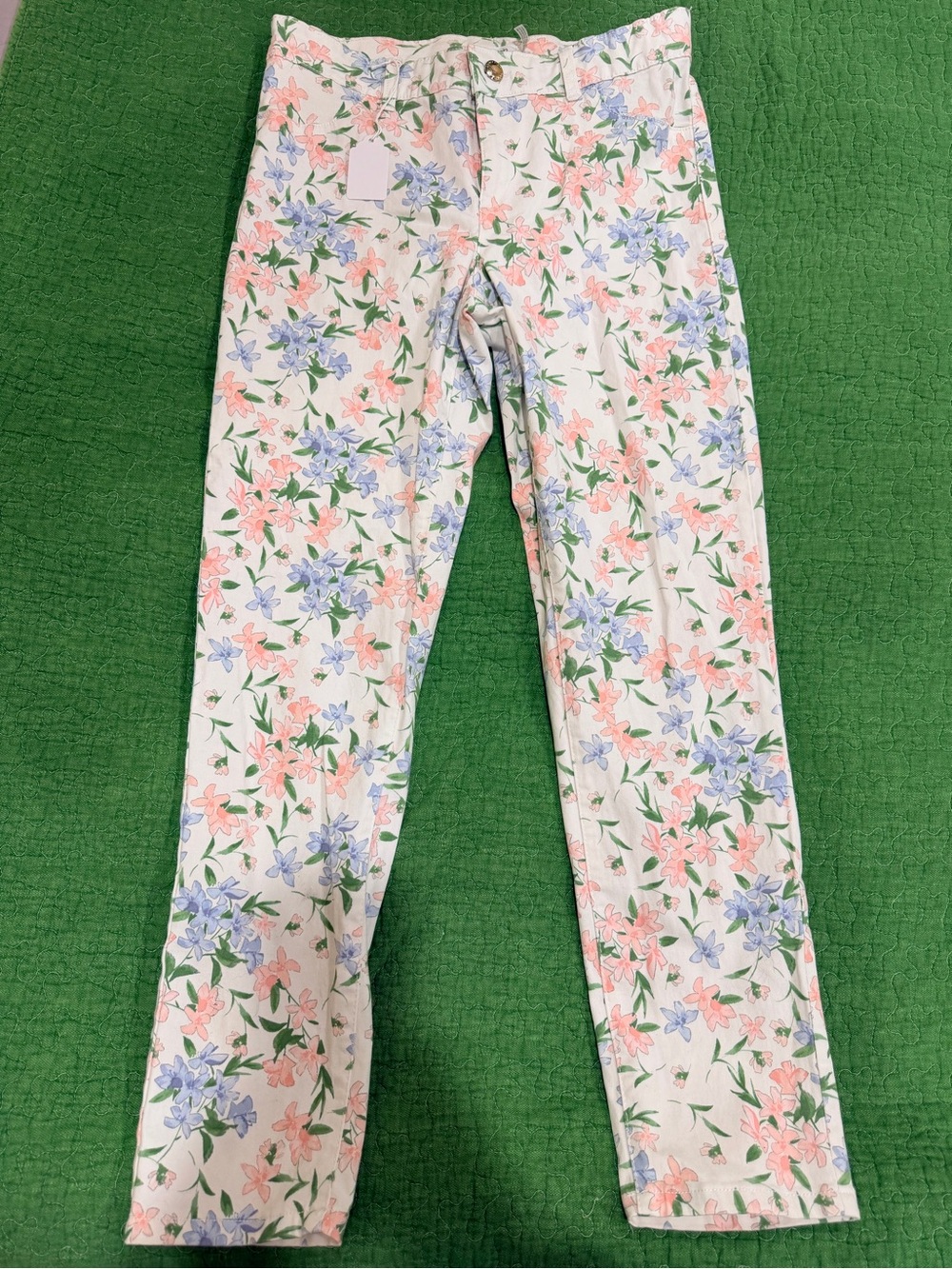 Calvin Klein White Floral Skinny Jeans with Pink & Blue Blooms